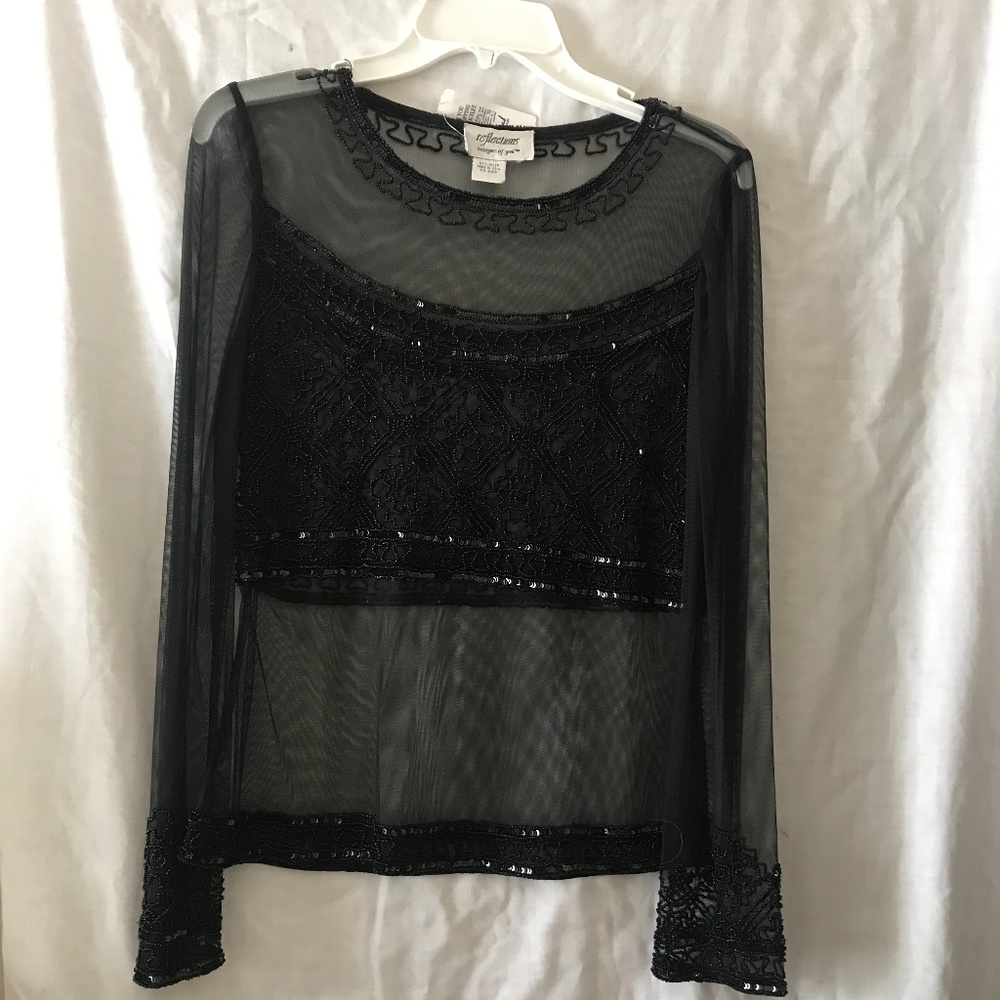 COPY - Reflections Beaded Sheer Top, Long Sheer sleeves. Black.  Size 10